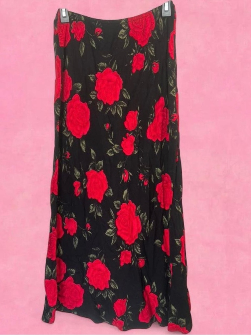 Vintage Black Maxi Skirt with Red Rose Print